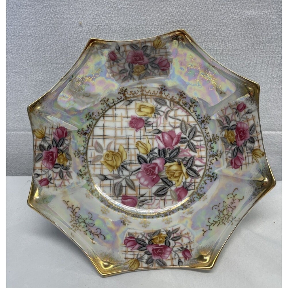 Rose Bowl Gala Vintage Trimont Ware Japan Iridescent Yellow Pink Roses Octagonal